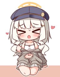 &gt;_&lt; 1girl :o aoba_(blue_archive) bare_shoulders blue_archive blue_hat blush cabbie_hat camisole chibi closed_eyes collarbone facing_viewer full_body grey_hair grey_jacket grey_skirt hair_ornament hairclip halo hana_kazari hand_up hat heart highres jacket long_hair navel off_shoulder open_mouth outline pleated_skirt seiza simple_background sitting skirt solo sweat white_background white_camisole white_outline