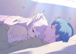 Rule 34 | 1boy, 1girl, blue hair, closed eyes, commentary request, couch, cuddling, elf, frieren, green eyes, grey hair, grey shirt, hair down, hetero, highres, himmel (sousou no frieren), long hair, pointy ears, shirt, signature, smile, sousou no frieren, tm102tm