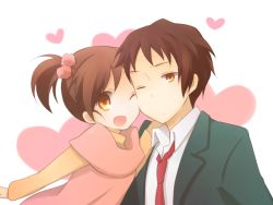 1boy 1girl bad_id bad_pixiv_id brother_and_sister brown_eyes brown_hair heart kinokosuke kyon kyon_no_imouto one_eye_closed school_uniform short_hair siblings side_ponytail suzumiya_haruhi_no_yuuutsu wink