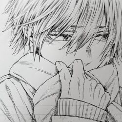 Rule 34 | 1boy, absurdres, choppy bangs, commentary request, fingernails, graphite (medium), hair between eyes, hair over eyes, hand up, highres, kaoru hana wa rin to saku, long bangs, long sleeves, male focus, mikami saka, monochrome, natsusawa saku, official art, photo (medium), profile, scarf, short hair, solo, traditional media