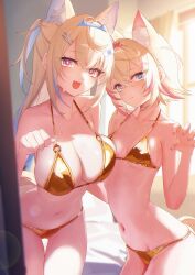 2girls :d absurdres animal_ear_fluff animal_ears bikini blonde_hair blue_eyes blue_hair breasts cleavage commentary dog_ears dog_girl dog_tail fang fuwawa_abyssgard gold_bikini hair_ornament hairclip highres hololive hololive_english jiang_ye_kiri large_breasts mococo_abyssgard multicolored_hair multiple_girls navel open_mouth paw_pose pink_eyes pink_hair siblings sisters small_breasts smile stomach streaked_hair swimsuit tail virtual_youtuber