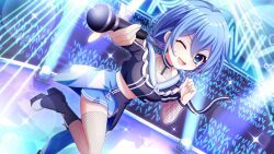 Rule 34 | 1girl, ;d, ahoge, audience, black boots, black shirt, black skirt, blue hair, blue skirt, blue thighhighs, boots, breasts, character name, clenched hand, collarbone, concert, crop top, dot nose, double-parted bangs, dutch angle, earrings, film grain, fishnet sleeves, fishnet thighhighs, fishnets, floating earrings, game cg, glowstick, hand up, heart, holding, holding microphone, index finger raised, izumi tsubasu, jewelry, lens flare, looking at viewer, medium breasts, microphone, midriff, mismatched thighhighs, nakano rinka, neon lights, non-web source, official art, one eye closed, open mouth, outstretched arm, platform boots, re:stage!, see-through clothes, see-through skirt, shadow, shirt, short hair, showgirl skirt, skirt, smile, solo, sparkle, stage, stage lights, standing, standing on one leg, thighhighs