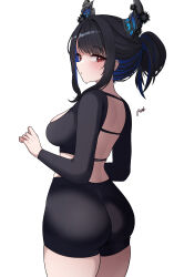 Rule 34 | 1girl, :o, absurdres, ass, back, bike shorts, black hair, black shorts, blue hair, blush, breasts, cowboy shot, crop top, demon horns, from behind, hair bun, highres, hololive, hololive english, horns, large breasts, looking at viewer, looking back, multicolored hair, nerissa ravencroft, no mole, parted lips, pynkmouth, red eyes, shorts, simple background, solo, two-tone hair, white background