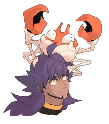 1boy champion_uniform closed_mouth commentary_request crab dark-skinned_male dark_skin disembodied_head eyelashes facial_hair gen_1_pokemon highres korean_commentary krabby leon_(pokemon) long_hair male_focus nintendo on_head pokemon pokemon_(creature) pokemon_on_head pokemon_swsh purple_hair redlhzz shirt simple_background smile white_background yellow_eyes