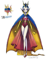 1girl black_eyeshadow blue_cape blue_hair cape carvanha character_name crown elbow_gloves expressionless eyeshadow gen_3_pokemon gloves high_collar korean_text leotard long_legs makeup nintendo official_art_inset pale_skin personification pokedex_number pokemon red_eyes red_footwear red_leotard reference_inset solo tamtamdi tiara two-tone_cape yellow_cape yellow_collar yellow_gloves