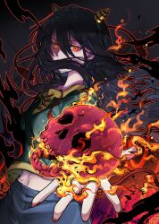 1girl absurdres black_background black_hair blue_pants commentary_request cowboy_shot fire flaming_skull floating_hair green_shirt hair_between_eyes hair_over_mouth highres holding holding_skull horn_ornament horn_ribbon horns long_hair midriff_peek nippaku_zanmu outline outstretched_arms pants red_eyes red_nails red_outline ribbon shirt skull socha solo touhou very_long_hair