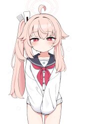 absurdres ahoge between_legs blue_archive blue_sailor_collar blush bottomless cardigan closed_mouth dot_mouth dot_nose expressionless halo hand_between_legs highres looking_at_viewer natsu_(blue_archive) pink_hair pink_halo ponytail red_eyes red_ribbon ribbon sailor_collar school_uniform serafuku side_ponytail simple_background sleeves_past_fingers sleeves_past_wrists sweat sweatdrop tagyeokgam white_background white_cardigan