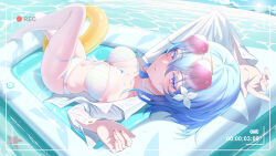 1girl absurdres arm_above_head arms_up battery_indicator bikini blue_hair blue_sky blush breasts closed_mouth collarbone collared_shirt commentary day english_commentary eyewear_on_head flower hair_between_eyes hair_flower hair_ornament highres inflatable_raft knee_up large_breasts legs long_hair looking_at_viewer lying mountainous_horizon nail_polish navel nevven o-ring o-ring_bikini ocean on_back open_clothes open_shirt outdoors pink_nails purple_eyes recording shirt shorekeeper_(wuthering_waves) sky solo starfish stomach sun sunglasses sunlight swim_ring swimsuit thigh_strap thighs tinted_eyewear viewfinder wet wet_clothes wet_shirt white_bikini white_shirt wuthering_waves