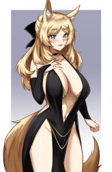 1girl alternate_costume animal_ear_fluff animal_ears arknights bare_shoulders black_choker black_dress black_sleeves blonde_hair blue_eyes blush breasts bridal_gauntlets choker collarbone cowboy_shot detached_sleeves dress fang fangs_(fangs_art) hand_on_own_chest highres horse_ears horse_girl horse_tail large_breasts long_hair looking_at_viewer meme_attire modakawa_dress navel no_bra no_panties open_mouth sleeveless sleeveless_dress smile solo tail thighs whislash_(arknights)