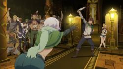 Rule 34 | 2girls, 6+boys, animated, anime screenshot, ass, ass shake, belt, blonde hair, blue hair, brown hair, capelet, chris (konosuba), clothes theft, from behind, green capelet, kono subarashii sekai ni shukufuku wo!, long sleeves, luna (konosuba), multiple boys, multiple girls, open mouth, panties, satou kazuma, shorts, sound, theft, underwear, underwear theft, video
