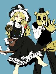 1boy 1girl animal_ears apron back_bow barefoot bear_boy bear_ears black_bow black_bowtie black_dress black_hat black_pants black_sclera black_vest blonde_hair blue_background bow bowtie braid broom broom_riding buttons collared_shirt colored_sclera commentary cowboy_shot crossed_legs crossover dress english_commentary fang five_nights_at_freddy&#039;s flying frills furry furry_male golden_freddy hair_between_eyes hair_bow hand_on_own_face hand_up hat hat_bow highres himuhino holding kirisame_marisa liquid_from_eyes long_hair long_sleeves looking_at_viewer mini-hakkero mini_hat pants pinafore_dress pocket puffy_long_sleeves puffy_short_sleeves puffy_sleeves red_bow red_eyes shirt short_sleeves simple_background single_braid sitting sleeveless sleeveless_dress smile standing teeth touhou turtleneck turtleneck_shirt vest wavy_hair white_apron white_bow white_shirt witch_hat yellow_fur yin_yang
