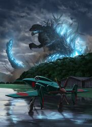 aircraft airplane building dawn day destruction dinosaur dirt dust energy fighter_plane forest glowing glowing_particles glowing_spikes godzilla godzilla_(minus_one) godzilla_(series) godzilla_minus_one highres hill imperial_japanese_navy j7w_shinden kaiju mac_naut military military_vehicle nature navy overcast particles propeller propeller_fighter prototype runway scenery sky spikes tail toho tree war wet_floor world_war_ii