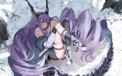 Rule 34 | 1girl, arknights, bare shoulders, black dress, black jacket, black thighhighs, blush, commentary, dress, drill hair, fake horns, grass, grey footwear, hair spread out, high heels, horns, hugging own legs, jacket, knees up, long hair, looking at viewer, lying, on side, parted lips, plant, red eyes, single thighhigh, solo, tail, thigh strap, thighhighs, tree, twintails, typhon (arknights), very long hair, yukidaruma718