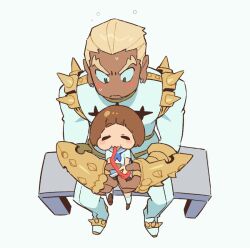 1boy 1girl animated animated_gif apple apple_peel blonde_hair blue_neckerchief blush_stickers closed_mouth dark-skinned_male dark_skin deformed eating food from_above fruit gamagoori_ira hetero jacket kill_la_kill looping_animation mankanshoku_mako neckerchief no_nose peeling qin_(7833198) short_hair simple_background sitting size_difference v-shaped_eyebrows white_background white_jacket