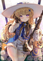 1girl black_collar black_gloves blonde_hair blue_sash blush book bright_pupils closed_mouth collar commentary gloves hair_ornament hand_up hat high-waist_skirt highres holding holding_staff long_hair long_sleeves looking_at_viewer one_side_up pantyhose phoebe_(wuthering_waves) purple_eyes sash shirt skirt smile solo staff tacet_mark_(wuthering_waves) very_long_hair white_hat white_pantyhose white_pupils white_shirt white_skirt wuthering_waves x_hair_ornament xephonia