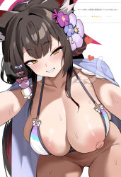 1girl absurdres animal_ear_fluff animal_ears areola_slip bent_over bikini bikini_top_only blue_archive blush bottomless breasts brown_hair collarbone colored_inner_hair dush_1154 flower fox_ears fox_girl hair_flower hair_ornament halo highres huge_breasts leaning_forward long_hair looking_at_viewer multicolored_hair nipples one_breast_out pussy red_hair simple_background smile sweat swimsuit thighs very_long_hair wakamo_(blue_archive) wakamo_(swimsuit)_(blue_archive) white_background yellow_eyes