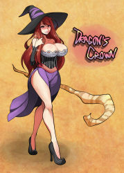 1girl bare_legs bare_shoulders breasts cleavage copyright_name detached_sleeves dragon&#039;s_crown female_focus full_body hat high_heels highres huge_breasts jam-orbital lips long_hair long_skirt narrow_waist red_hair side_slit skirt solo sorceress_(dragon&#039;s_crown) staff walking witch_hat yellow_eyes
