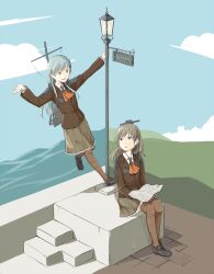 Rule 34 | 2girls, ascot, black shoes, blue eyes, blue hair, brown hair, brown jacket, brown skirt, brown thighhighs, character name, commentary request, highres, jacket, kantai collection, kawashina (momen silicon), kumano (kancolle), lamppost, long hair, long sleeves, multiple girls, open mouth, orange ascot, parted lips, ponytail, shoes, sign, sitting, skirt, suzuya (kancolle), thighhighs