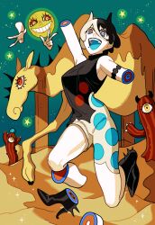 1girl absurdres amputee animal black_hair blonde_hair blue_eyes blue_tongue cactus camel colored_tongue desert fangs full_body highres horns looking_at_viewer momomo_906 moon multicolored_eyes multicolored_hair night open_mouth orange_eyes original outdoors ringed_eyes sand solo split-color_hair star_(symbol) triple_amputee