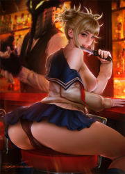 Rule 34 | 1boy, 1girl, ass, bar (place), bar stool, bartender, black panties, blonde hair, blue sailor collar, blue skirt, blunt bangs, boku no hero academia, breasts, breasts out, cameltoe, demonlorddante, double bun, from behind, hair bun, knife, kurogiri (boku no hero academia), leaning forward, licking, licking blade, looking at viewer, looking back, medium breasts, messy hair, nipples, paid reward available, panties, patreon username, sailor collar, skirt, stool, thighs, toga himiko, tongue, underwear, yellow eyes