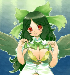 1girl bird_wings blush bow bra breasts buttons collared_shirt colored_eyelashes dress_shirt eyebrows feathered_wings feathers female_focus green_bow green_bra green_hair green_neckwear green_theme green_wings hair_bow highres lips long_hair open_clothes open_shirt outline parted_bangs parted_lips pink_lips reiuji_utsuho shirt solo touhou tsuutenkaaku unbuttoned unbuttoned_shirt underboob underwear upper_body white_shirt wings