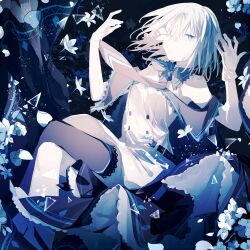 Rule 34 | 1girl, absurdres, arcaea, bare shoulders, belt, black belt, black capelet, black necktie, black thighhighs, breasts, buttons, capelet, closed mouth, crossed legs, double-breasted, dress, feet out of frame, flower, flower over eye, glass shards, gloves, green eyes, green hair, hands up, highres, light frown, looking at viewer, maboroshi (freeze000), necktie, saya (arcaea), short hair, single thighhigh, sitting, sleeveless, sleeveless dress, solo, thighhighs, white dress, white flower, white gloves