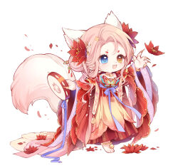 1girl absurdres animal_ears animal_feet ankle_bell barefoot bell blue_eyes bracelet butterfly_brooch butterfly_hair_ornament chibi chinese_clothes chinese_hairpin choker double_bun eyelashes eyeshadow fake_claws fangs flower forever_bond_(infinity_nikki) fox_ears fox_girl fox_tail gold_bracelet hair_bun hair_flower hair_ornament hanfu heterochromia highres holding_tambourine infinity_nikki jewelry layered_sleeves light_blush long_hair long_sleeves looking_at_flowers lotus makeup neck_bell nikki_(series) nuli_de_chengzhi_er open_mouth petals pink_eyeshadow pink_hair red_flower red_hanfu red_robe robe simple_background smile solo standing tail tareme white_background wide_sleeves yellow_choker yellow_eyes
