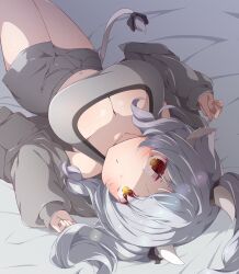 1girl animal_ears bed_sheet black_ribbon blush breasts brown_eyes cleavage closed_mouth collarbone cow_ears cow_girl cow_horns cow_tail draph drias eyes_visible_through_hair grey_hair grey_jacket grey_shorts grey_sports_bra highres hood hoodie horns jacket large_breasts long_hair long_sleeves looking_at_viewer lying midriff milltina_(vrchat) navel on_back on_bed open_clothes open_hoodie open_jacket oppai_loli ribbon short_shorts shorts solo sports_bra tail tail_ornament tail_ribbon thighs twintails upside-down vrchat yellow_eyes
