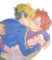Rule 34 | 2boys, ahoge, black hair, blonde hair, blue jacket, blue shirt, blush, braid, chinese knot, closed eyes, collared shirt, ear piercing, earrings, highres, hug, jacket, jewelry, kiss, long hair, long sleeves, looking at another, male focus, multicolored hair, multiple boys, one eye closed, piercing, ping999ms1, red eyes, red hair, shiguang dailiren, shirt, short hair, simple background, single braid, sleeves past wrists, smile, tassel, tassel earrings, turtleneck, two-tone hair, upper body, white background, white shirt, xia fei, xiao weiying, yaoi