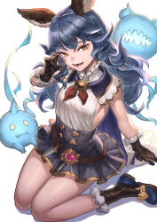 1girl animal_ears blue_hair breasts brown_eyes commentary dress erune ferry_(granblue_fantasy) gloves granblue_fantasy highres konoike_(pepe_expect) long_hair looking_at_viewer open_mouth sitting small_breasts smile solo wavy_hair