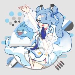 2girls altaria bare_shoulders beak bird black_eyes blue_eyes blue_gloves blue_hair breasts bright_pupils detached_sleeves double_bun eyelashes feathers fluffy flying_miku_(project_voltage) gen_3_pokemon gloves gradient_hair grey_background hair_bun hair_ribbon hatsune_miku long_eyelashes long_hair medium_breasts multicolored_hair multiple_girls nintendo open_mouth pokemon pokemon_(creature) project_voltage ribbon saihate_(d3) see-through_clothes see-through_shorts see-through_sleeves shorts shorts_under_shorts signature single_glove twintails two-tone_hair very_long_hair vocaloid white_hair wind_chime