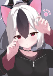 1girl 3: absurdres animal_ears black_choker black_hair black_hoodie black_horns blue_archive blush cat_ears choker closed_mouth commentary demon_girl demon_horns eyelashes fake_animal_ears grey_background hair_between_eyes halloween_costume halo hands_up highres hood hood_down hoodie horns kayoko_(blue_archive) long_sleeves medium_hair mole mole_on_neck multicolored_hair osmium-76 paw_pose paw_print ponytail red_eyes simple_background solo split_mouth tsurime two-tone_hair upper_body white_hair white_halo wide_sleeves zipper