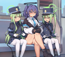 3girls absurdres armband black_gloves black_halo black_skirt black_tail blue_archive blue_armband blue_shorts blue_skirt breasts buttons crime_prevention_buzzer crossed_legs demon_tail double-breasted gloves green_hair green_halo halo highres hikari_(blue_archive) large_breasts long_hair long_sleeves mechanical_halo miniskirt multiple_girls muyoshito nozomi_(blue_archive) panties pantyhose pleated_skirt pointy_ears purple_eyes purple_hair short_shorts shorts siblings sisters sitting skirt tail train_conductor train_interior twins twintails two_side_up underwear very_long_hair white_gloves white_panties white_pantyhose yellow_eyes yuuka_(blue_archive)