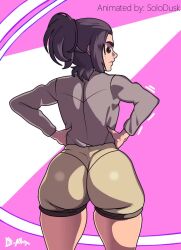 1girl animated animated_gif artist_name ass ass_shake blush bouncing_ass brown_eyes brown_hair brown_shirt brown_shorts d-art from_behind gabi_braun hands_on_own_hips huge_ass jiggle long_sleeves looking_at_viewer looking_back ponytail shingeki_no_kyojin shirt short_ponytail shorts simple_background solodusk57 tagme third-party_edit twerking video