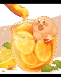 blush_stickers commentary_request continuo0226 drooling food food_focus fruit highres honey in_container in_food in_jar jar kirby kirby_(series) leaf lemon lemon_slice letterboxed nintendo no_humans open_mouth solo spoon star_(symbol) twitter_username