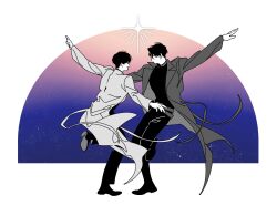 2boys benkdjjituibot black_coat black_hair border coat dancing faceless full_body highres kim_dokja multiple_boys omniscient_reader&#039;s_viewpoint outside_border outstretched_arms partially_colored short_hair sparkle standing standing_on_one_leg sunset twisted_torso white_border white_coat yoo_joonghyuk