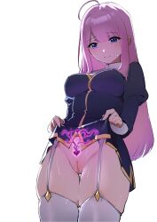 Rule 34 | 1girl, absurdres, ahoge, blue eyes, blunt bangs, blush, breasts, dress, enicia (enicia to keiyaku mon), enicia to keiyaku mon, from below, hair between eyes, heart, highres, looking down, medium breasts, nun, pantyhose, perky breasts, pink hair, pleated dress, pleated skirt, puffy nipples, simple background, skirt, straydogshelter, thighhighs, white background, white pantyhose