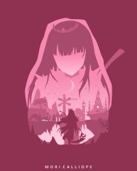 1girl building character_name crescent_moon dress highres hololive hololive_english long_hair moon mori_calliope mori_calliope_(1st_costume) mountain multiple_views pink_theme rezami silhouette tiara tree veil virtual_youtuber