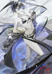 1girl artist_name bikini black_bikini black_boots black_hair black_rock_shooter black_rock_shooter_(character) blue_eyes blue_fire boots bright_pupils commentary dated english_commentary fire flaming_eye flat_chest front-tie_top hair_between_eyes highres hxxg jacket knee_up looking_at_viewer mouth_hold navel off_shoulder open_clothes open_jacket ribbon signature solo star_(symbol) swimsuit