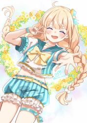1girl :d ^_^ belt belt_buckle blonde_hair blue_sailor_collar blue_shorts bow braid brown_belt buckle closed_eyes crop_top facing_viewer frilled_shirt frilled_shorts frills futaba_anzu hair_between_eyes hand_up highres idolmaster idolmaster_cinderella_girls idolmaster_cinderella_girls_starlight_stage long_hair low_twintails midriff navel open_mouth outstretched_arm puffy_short_sleeves puffy_sleeves rino_cnc sailor_collar shirt short_sleeves shorts smile solo striped_clothes striped_shirt striped_shorts twin_braids twintails v v-shaped_eyebrows vertical-striped_clothes vertical-striped_shirt vertical-striped_shorts very_long_hair white_shirt wrist_cuffs yellow_bow
