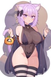 Rule 34 | 1girl, absurdres, animal ear fluff, animal ears, bat (animal), bat tattoo, bikini, black bikini, black leotard, black thighhighs, breasts, castle, cat ears, cat girl, cat tail, cowboy shot, full moon, gabai, halloween, highres, hololive, horizontal-striped thighhighs, large breasts, leotard, moon, nekomata okayu, pubic tattoo, pumpkin, purple eyes, purple hair, purple tail, see-through clothes, see-through leotard, solo, swimsuit, tail, tattoo, thighhighs, two-tone thighhighs, variant set, virtual youtuber, white thighhighs, zombie (vocaloid)