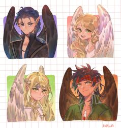 1girl 3boys :d artist_name bird_boy bird_girl black_coat black_wings blonde_hair blue_eyes blue_hair brown_wings closed_mouth coat commentary english_commentary feather_necklace fire_emblem fire_emblem:_path_of_radiance fire_emblem:_radiant_dawn green_coat green_eyes grid_background halapokok headband highres jewelry leanne_(fire_emblem) multiple_boys naesala_(fire_emblem) necklace nintendo open_mouth pointy_ears red_headband reyson_(fire_emblem) scar scar_on_face simple_background smile teeth tibarn_(fire_emblem) upper_teeth_only white_background white_wings wings yellow_eyes