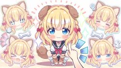 Rule 34 | &gt; &lt;, + +, 1girl, 1other, :3, :d, = =, absurdres, animal ears, arm warmers, black sailor collar, blonde hair, blue eyes, blunt bangs, blush, bone, bow, bowtie, braid, brown arm warmers, chibi, chibi only, closed mouth, commentary request, dog ears, dog girl, dog tail, drooling, excited, eyes visible through hair, fang, floppy ears, flying sweatdrops, frown, full body, furrowed brow, game cg, hair bow, hair intakes, happy, highres, inuya komaru, kneehighs, laughing, looking at viewer, loose socks, medium hair, mouth drool, multiple expressions, notice lines, official art, open mouth, outline, polka dot, polka dot background, pov, pov hands, promotional art, puff of air, red bow, red bowtie, ren&#039;ai hajimemashite, sailor collar, school uniform, serafuku, shirt, short sleeves, sidelocks, simple background, skin fang, smile, socks, solo focus, sparkle, squatting, squeans, tail, takahero, tareme, tearing up, twin braids, v-shaped eyebrows, wavy mouth, white background, white outline, white shirt, white socks