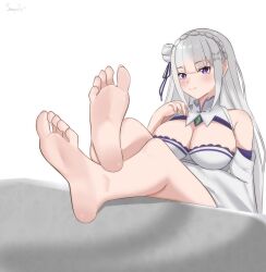 1girl barefoot breasts cleavage emilia_(re:zero) feet grey_hair highres light_blush long_hair looking_at_viewer purple_eyes re:zero_kara_hajimeru_isekai_seikatsu senpaisif smile soles toes