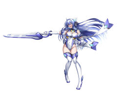 1girl bare_shoulders blue_eyes blue_hair blush boots breasts covered_navel elbow_gloves exs-tia full_body gloves gunblade hair_between_eyes hand_on_own_hip high_heel_boots high_heels highres holding holding_sword holding_weapon katsuragi_marina kouyoku_senki_exs-tia kozu_rokuta large_breasts leotard long_hair lusterise open_mouth solo standing sword thigh_boots thighhighs transparent_background very_long_hair weapon white_gloves white_leotard