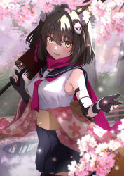 Rule 34 | 1girl, animal ear fluff, animal ears, ascot, black gloves, black umbrella, blue archive, blue sailor collar, blue skirt, blush, braid, brown hair, cherry blossoms, fang, fox ears, fox girl, fox tail, gloves, hair between eyes, highres, holding, holding umbrella, izuna (blue archive), long hair, looking at viewer, menchi-men, open mouth, partially fingerless gloves, pink ascot, pink scarf, pleated skirt, sailor collar, scarf, shirt, sidelocks, single braid, skin fang, skirt, sleeveless, sleeveless shirt, solo, tail, umbrella, white shirt, yellow background