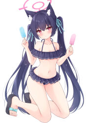 Rule 34 | 1girl, animal ear fluff, animal ears, bare arms, bare legs, bare shoulders, bikini, black bikini, black hair, blue archive, breasts, cat ears, cleavage, closed mouth, collarbone, commentary request, feet, food, frilled bikini, frills, full body, hair between eyes, hair ribbon, halo, highres, holding, holding food, holding popsicle, kneeling, long hair, looking at viewer, mochizuki riku, navel, official alternate costume, popsicle, red eyes, ribbon, serika (blue archive), simple background, small breasts, solo, stomach, swimsuit, thighs, toes, twintails, very long hair, white background