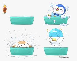 adjusting_hair bath bathing bathtub beak bubble bubble_bath closed_eyes commentary_request creatures_(company) game_freak gen_3_pokemon gen_4_pokemon gen_7_pokemon hidane_(natsume_hdn) highres nintendo piplup pokemon pokemon_(creature) quaxly rowlet scared shaded_face shaking simple_background sparkle torchic trait_connection twitter_username white_background