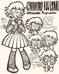 ... 1boy :&gt; :d absurdres bow character_name closed_mouth collared_shirt danganronpa:_trigger_happy_havoc danganronpa_(series) dated doodle_inset english_text eyelashes flying_sweatdrops footwear_bow fujisaki_chihiro full_body greyscale hatching_(texture) highres josh-s26 kneehighs long_sleeves monochrome multiple_views open_mouth scared shirt shoes signature simple_background skirt smile socks speech_bubble spoken_ellipsis standing sweat tearing_up teeth trap upper_teeth_only white_background