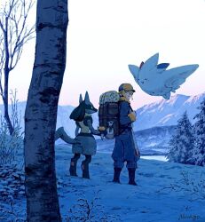 1boy ^_^ arm_up backpack bag bare_tree blonde_hair boots closed_eyes fur-trimmed_collar fur-trimmed_sleeves fur_trim gen_4_pokemon ginkgo_guild_uniform hat holding holding_strap looking_back lucario male_focus mountain mountainous_horizon multicolored_hat newsboy_cap nintendo no_ichigo open_mouth outdoors pants pokemon pokemon_legends:_arceus signature snow standing togekiss tree volo_(pokemon) yellow_fur